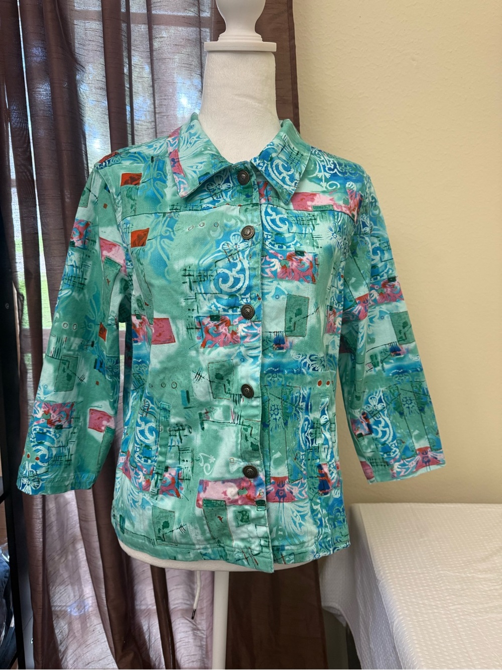 Women's Teal Patchwork-Print Button Front Jean Jacket